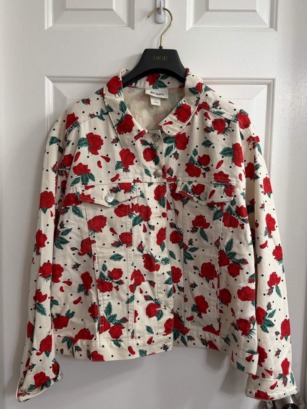 Monki Women's Floral Print Jacket in Cream with Red Roses
